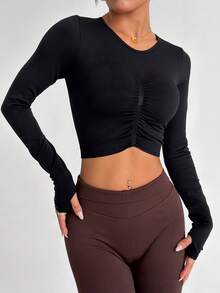 Dewbera Áo thun thể thao nữ liền mạch có lỗ xỏ ngón tay cái, áo thun thể thao tay raglan bó sát tập thể dục - màu đen - Xem 6