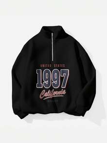Attitoon 大码女式宽松半拉链高领黑色抓绒卫衣，适合秋冬季节，复古美式休闲风，1997印花，秋季卫衣图案 - 黑色 - 查看 5