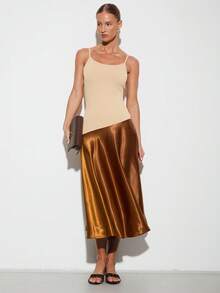 Nuvra Rochie lungă pentru femei cu design patchwork, rochie la modă cu bretele spaghete, flatantă și versatilă pentru toamnă, potrivită pentru straturi - Multicolor - Vizualizare 4