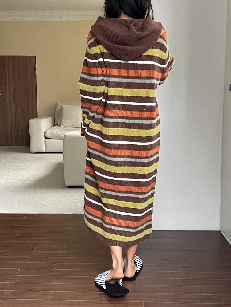 Women's Loose Striped Knit Hooded Nightgown, Winter, Moo Moo Night Dress