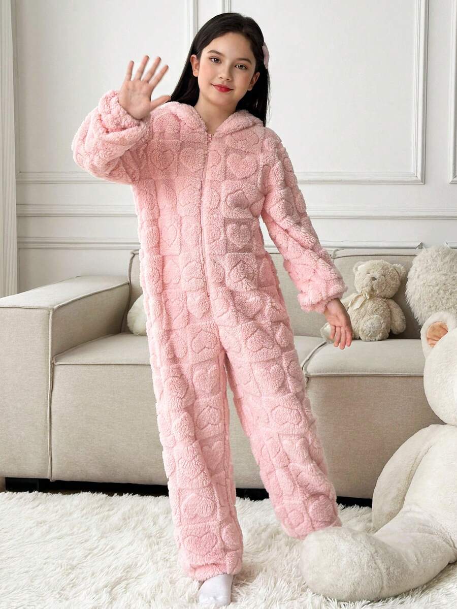 SHEIN 秋冬季女童宽松休闲简约舒适连帽卡通连帽毛绒加厚连体裤 - 淺粉色 - 查看 1