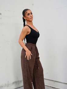 SAYEHFBABY Women's Autumn And Winter Street Fashion Casual Retro Corduroy Textured Baggy Pants ,Petite Women - Brown - View 5