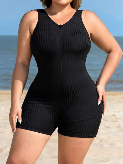 Swim Lushoire Plus Size Women Loose Knit Zipper Shorts Casual Sports Swimwear