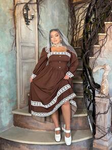 Lyrianda Polka Dot Contrast Lace Puff Sleeve Dress, Elegant, Suitable For Spring, Summer, Fall, Vacation, FCinched Waistimming Dress - Multicolor - View 5