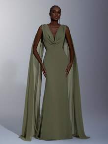 Elitara Elegant Formal Dinner Wedding Guest Olive Green Autumn Evening Party Prom Bridesmaid Maxi Dress Chiffon Draped Neck Rhinestone Fish Tail - Olive Green - View 6