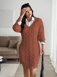 Vionelle Plus Size V-Neck Wavy Hem Drawstring Cable Knit Pattern Long Sleeve Sweater Dress, Solid Color, Casual & Fashionable For Autumn/Winter - Redwood - View 7