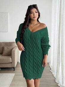Vionelle Plus Size V-Neck Wavy Hem Drawstring Cable Knit Pattern Long Sleeve Sweater Dress, Solid Color, Casual, Autumn/Winter - Dark Green - View 6
