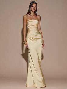 Sexy Minimalist Solid Color Yellow Cream Strapless Ruched Fitted Backless Dress, Suitable For Party, Cocktail, Formal Occasions, Bridesmaid, Birthday, Yellow Satin Long Dress, Banquet, Business Casual,Party Dresses For Women,,Valentine's Day,Valentine Outfits For Women - Yellow - View 5