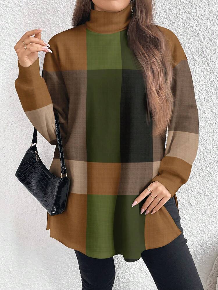 EMERY ROSE Camisa de cuello alto larga de talla grande con estampado de tartán texturizado vintage, de estilo minimalista casual para primavera/otoño - Multicolor - Añade 4