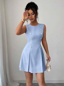 Elenzga Váy ngắn công chúa thắt eo đính đá, kiểu Pháp thanh lịch cổ điển sang trọng, cài nút eo, dự tiệc cao cấp, đi làm, hẹn hò, đi chơi, đa năng - Màu xanh nhạt - Xem 3