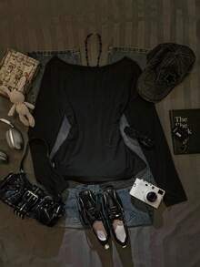 SHEIN EZwear Áo thun chui đầu vai bất đối xứng tay dài họa tiết in môi mùa thu mới cổ xẻ gấu bất đối xứng gợi cảm cho nữ - màu đen - Xem 2