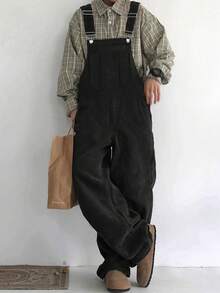 Manfinity Roghcode 纯色无袖时尚百搭宽松休闲灯芯绒背带裤，黑色，男士冬季款 - 黑色 - 查看 3