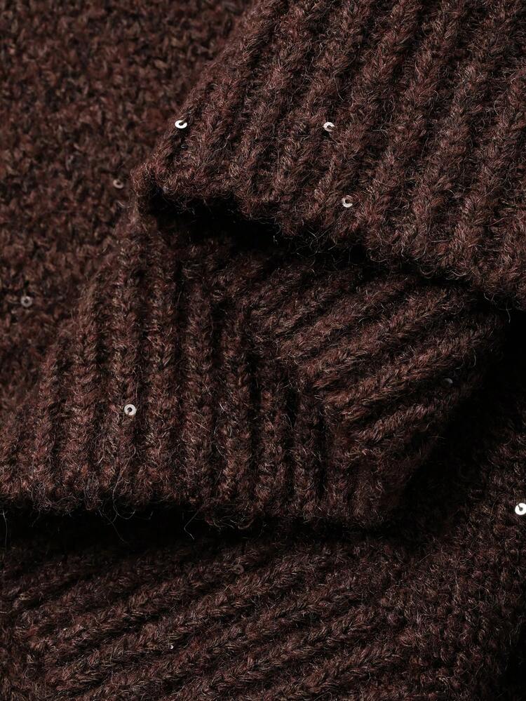 Women's Loose Business Casual Crew Neck Beaded Knit Sweater, Brown, Suitable For Autumn And Winter
