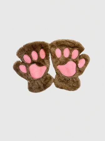 Kawaii Guantes sin dedos con bordado de pata de gato de dibujos animados, guantes cálidos y mullidos de media mano para cosplay, uso casual al aire libre en otoño/invierno