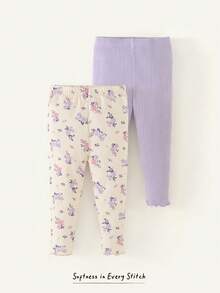 Cozy Pixies 2pcs Baby Girls Graphic Floral Print Solid Color Leggings Set Cartoon