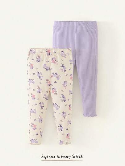 Cozy Pixies 2pcs Baby Girls Graphic Floral Print Solid Color Leggings Set Cartoon