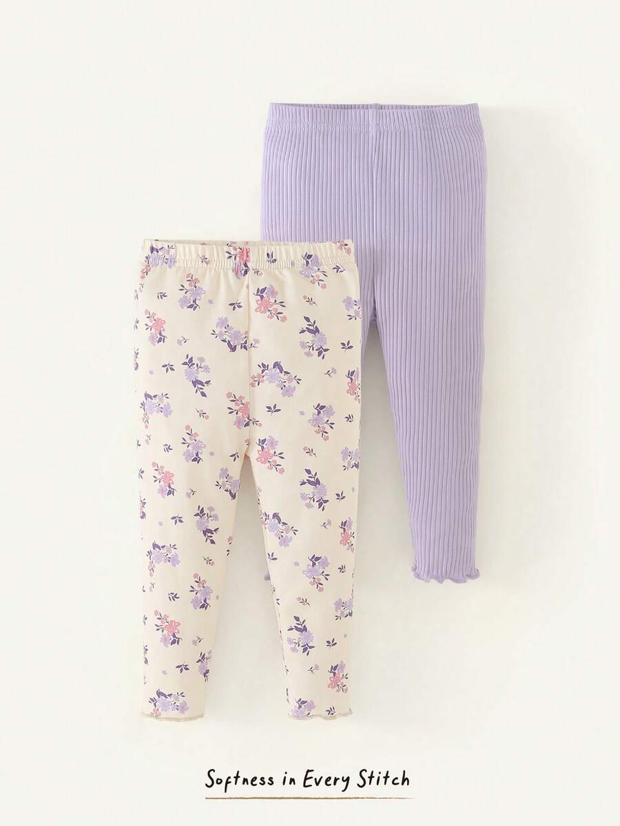 Cozy Pixies 2pcs Baby Girls Graphic Floral Print Solid Color Leggings Set Cartoon