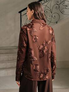 Anewsta Women's Elegant Retro French Floral Embroidery Sheer Blouse, Autumn Women Shirt - Brown - View 2