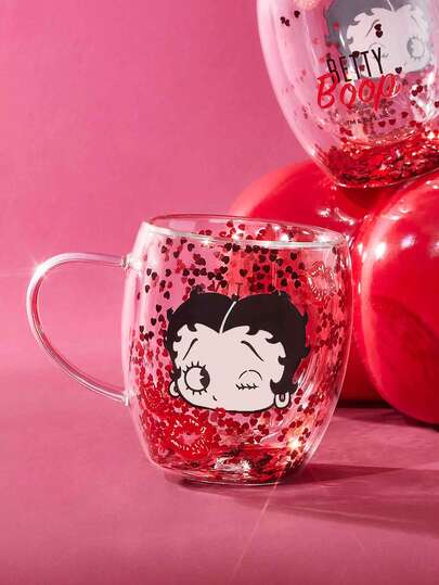Betty Boop x SHEIN 1Pc 8.8oz/260ml 卡通图案高硼硅双层玻璃杯咖啡杯耐冷耐热适用于牛奶、果汁、咖啡、苏打水等俏皮唇印闪亮