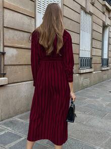 Pariaura Váy sơ mi dài họa tiết sọc đơn hàng khuy đơn dành cho nữ, mùa xuân/thu - Màu Đỏ Sâu - Xem 2