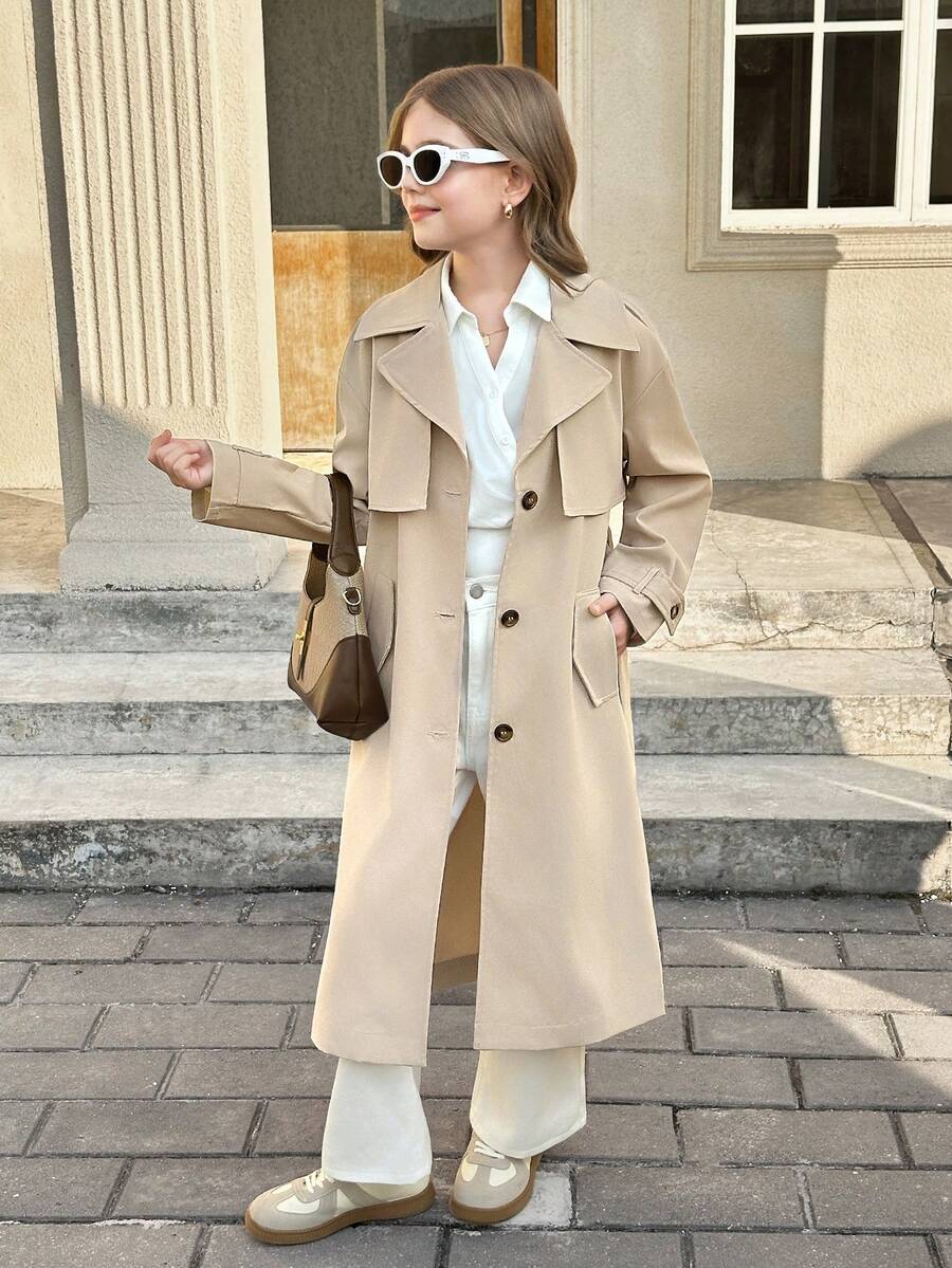 SHEIN Serisse Kids Tween Girl Woven Casual Versatile Fashion Buttoned Collar Belt Bow Pocket Loose Long Windbreaker, Casual Military Style, Commute & Outdoor, Back To School, Mommy And Me Matching Outfits, Girls Spring And Autumn Suit, Girl Coat, - Khaki - View 1