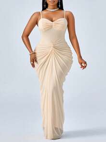 SOLERSUN 大码优雅派对纯色褶皱连衣裙 - 杏色 - 查看 6