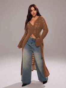 Rustia Áo khoác cardigan dài thường ngày, áo len cardigan khoét lỗ, áo khoác cardigan dài tay chuông, mùa tựu trường - màu nâu - Xem 4