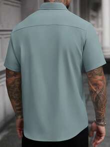 Manfinity Homme 白色男士休闲商务短袖衬衫 - 綠色 - 查看 2