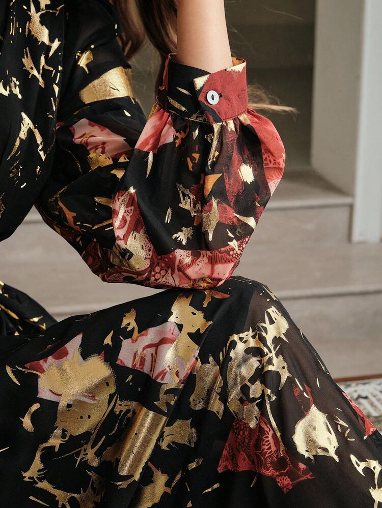 Elegant Floral Foil Print Long Sleeve Women's Dress, Suitable For Fall, Winter, New Year, Party, Wedding, Elegant, Chic, Stylish, Evening Dress