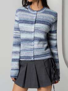 SHEIN TRNDY 1pc Women's Cardigan, Multi-Color, Casual, Round Neck, Asymmetrical Striped, Long Sleeve, Knitted, Suitable For Autumn/Winter