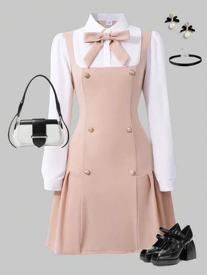 Sparklyn 少女甜美学院风蝴蝶结领金属纽扣拼色2合1休闲连衣裙