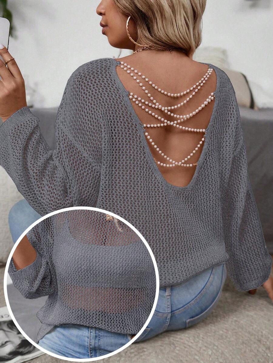 Calvaya Fashionable Minimalist Hollow Design Beaded Decor Pullover Sweater - Grey - View 1