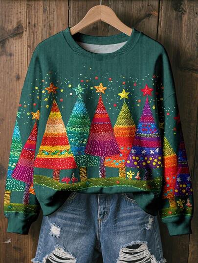 EMERY ROSE Felpa artistica e retrò con stampa natalizia colorata, felpa con cappuccio casual da donna a maniche lunghe e collo tondo, adatta per l'autunno/inverno e l'uso quotidiano