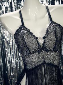 Damen transparentes, weiches Spitzen-Nachthemd-Set mit Herzausschnitt und Quastenbesatz, sexy 2 Stücke Schlafanzug - Schwarz - Übersicht 6