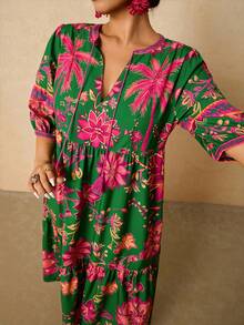 Travachic 大码女式粉色和绿色热带植物印花长裙，V 领系带蝴蝶结长袖宽松休闲连衣裙，初秋 - 彩色 - 查看 3