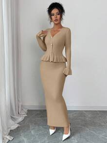 Elenzga Ruffled V-Neck Knit Cardigan & Bodycon Skirt Set For Women - Khaki - View 5