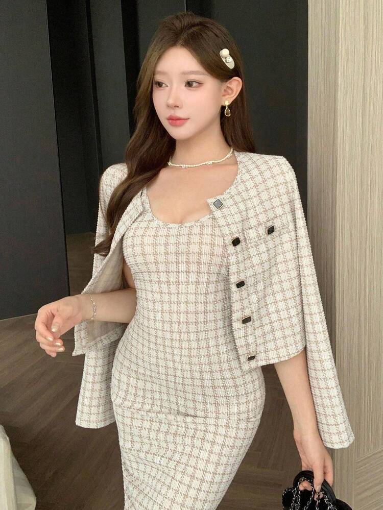 Women's Plaid Round Neck Jacket And Cami Dress 2 Pieces Set, Autumn
