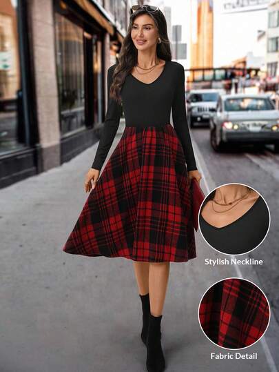 SHEIN Clasi 大码女士优雅红黑格子印花A字连衣裙，秋冬服装
