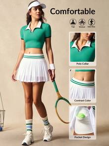 VARSIVA Sports Women Dress Women's Summer Contrast Binding Collar Short Sleeve Cropped T-Shirt And Pleated Mini Skirt Tennis Outfit Tennis Dress Tummy Control Tennis Skirt Set Golf Women Set Tennis Dress Set Golf Skirt Set, Suitable For Spring Summer Fall Winter And All Seasons, Casual Gym Yoga Outdoor Holiday Vacation Yoga - Multicolor - View 9