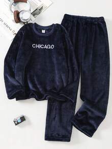 Genkimix Kids 2 Pieces Sets Simple Navy Blue Long-Sleeved Shirt And Trousers With Letter Embroidery For Boys, Plush Pajama Set, Winter Pajamas, Loungewear For Tween Boys .Boys Outfit Sets - Multicolor - View 4