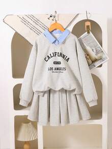 Elladie kids 2 件青少年女孩美国学院运动风格数字印花运动衫和裙子套装，适合运动和休闲穿着，春季、秋季、初冬 - 淺灰色 - 查看 3