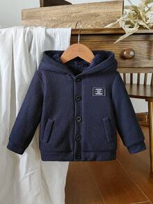 Vintaside Kids 1 件幼儿男童冬季新款 2025 人造毛皮衬里连帽长袖开衫夹克，适合男婴的时尚街头服饰，温暖厚外套 - 藏蓝色 - 查看 3