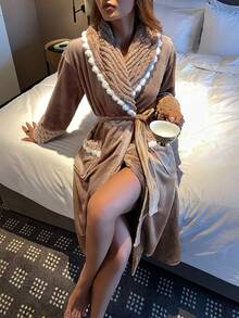 DAZY Women's Textured Fleece Thick Long Fluffy Cozy Robe With Contrast Color Oversized Collar, Winter - Brown - View 6