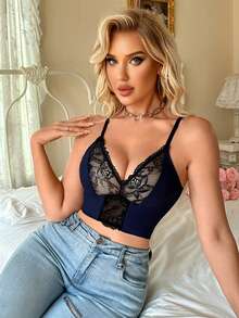 SHEIN Elacene Reggiseno comodo e senza fili con inserti in pizzo per donne - nero - Visualizzare 4