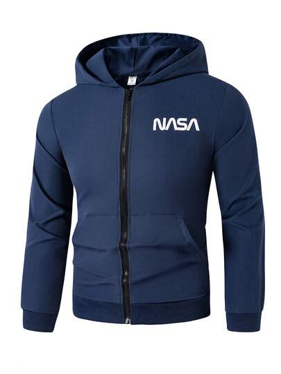 青少年男孩休闲印花拉链口袋连帽夹克，适合日常休闲穿着