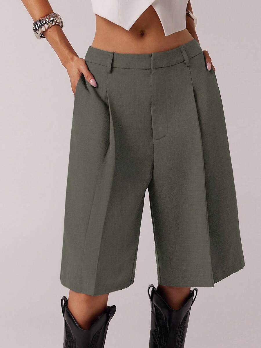 SHEIN Forever 21 Women's Minimalist Commuter Gray Bermuda Shorts, Spring - Army Green - View 1