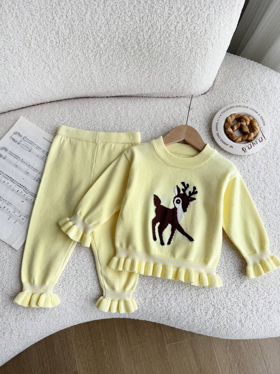 Set Baju Bayi Perempuan Lucu Warna Kuning Pucat Motif Rusa Jacquard, Sweater Pullover & Celana Rajut, Pakaian Keluarga Musim Gugur yang Serasi, Kerah Bulat dengan Hiasan Ruffle, Set 2 Potong - MultiWarna - View 1