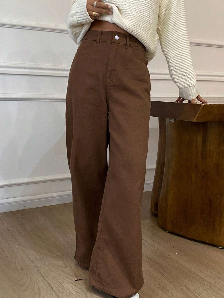 DAZY Jeans larghi casual e morbidi di colore unito da donna - Castano - Visualizzare 1