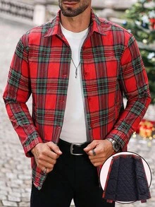 Manfinity CasualCool Giacca di cotone imbottita leggera a quadri rossi da uomo per autunno/inverno, con colletto alla coreana e design con bottoni, casual, regalo per il fidanzato, stile di strada, camicia di flanella a quadri per uomo, manica lunga, abbigliamento casual di strada, giacca a quadri per uomo per uso quotidiano, tempo libero, weekend, attività all'aperto, viaggi, ambienti di lavoro rilassati o occasioni semi-formali, regalo per il fidanzato/marito, regalo di anniversario, Natale