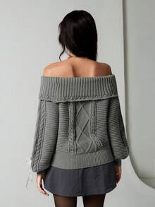 SHEIN TRNDY 1pc Women's Gray Sweater, Casual Minimalist Bowknot Cross Strap Lantern Sleeve Textured Knit, Suitable For Autumn/Winter
